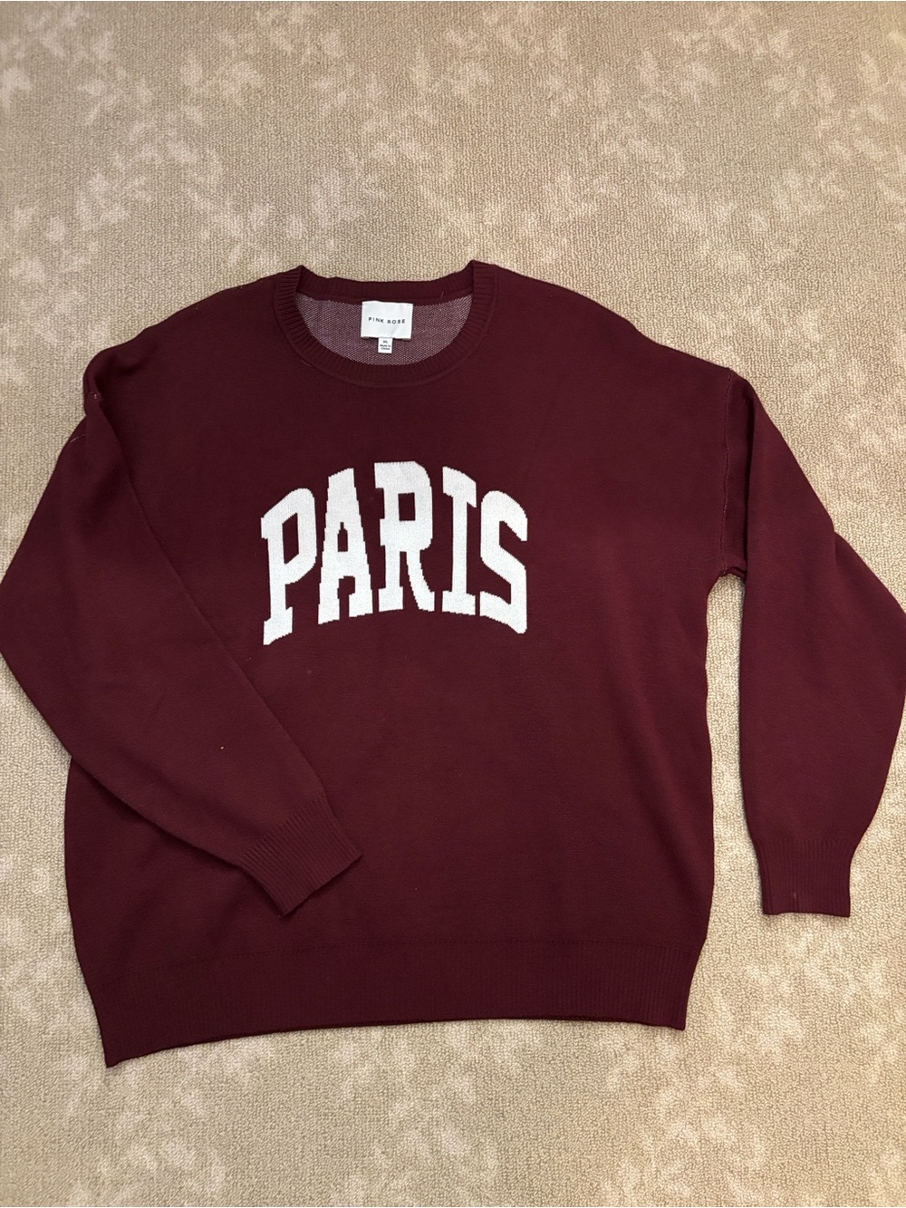 Pink Rose Burgundy Crewneck Sweater with White PARIS Script XL